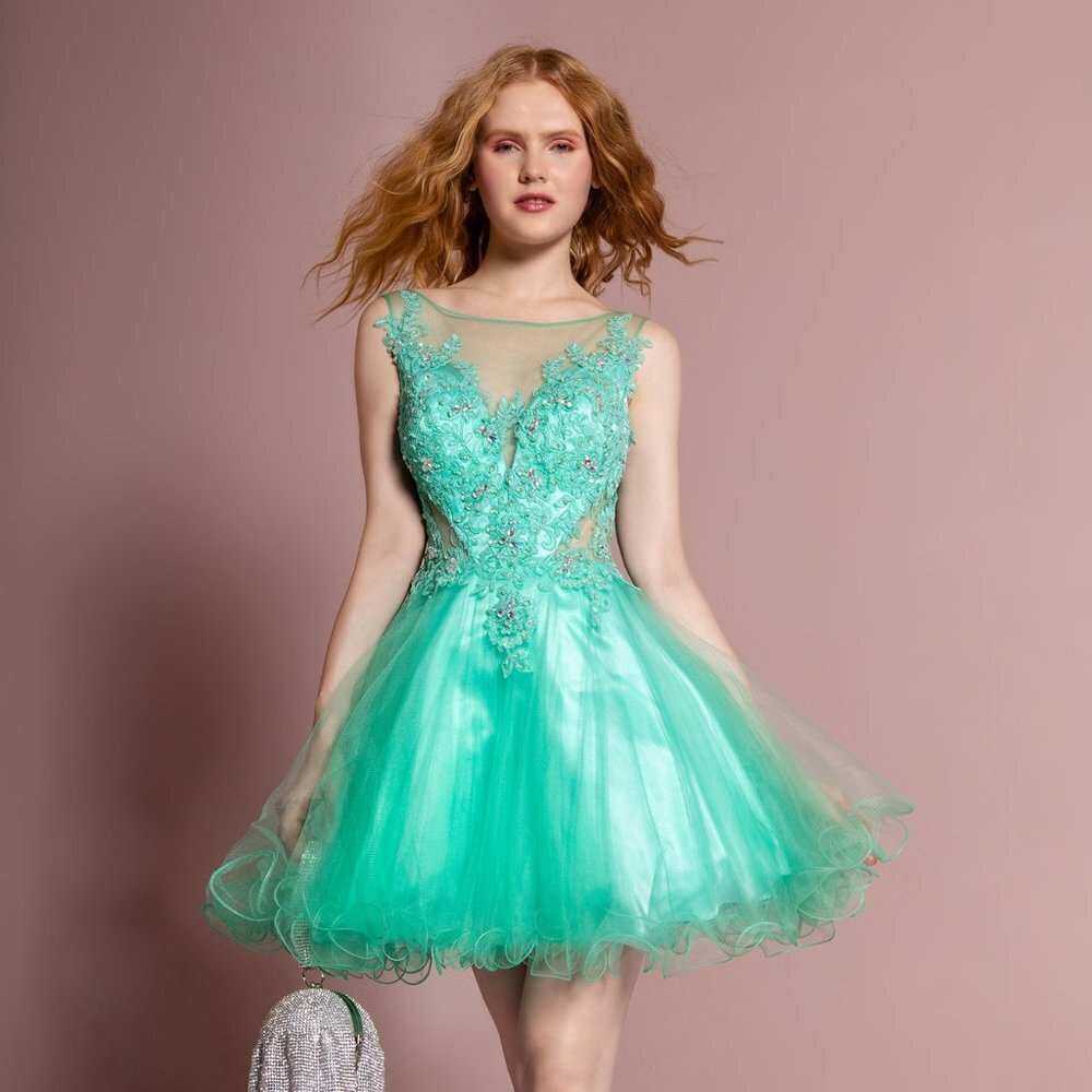 NEW SHORT SLEEVELESS BABY DOLL DRESS WITH ILLUSION SWEETHEART NECKLINE GL GS2156